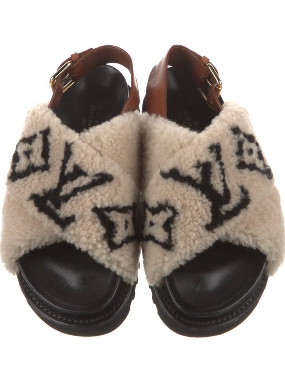 Louis Vuitton Cream Shearling Crisscross Slingback Sandals with Black Monogram